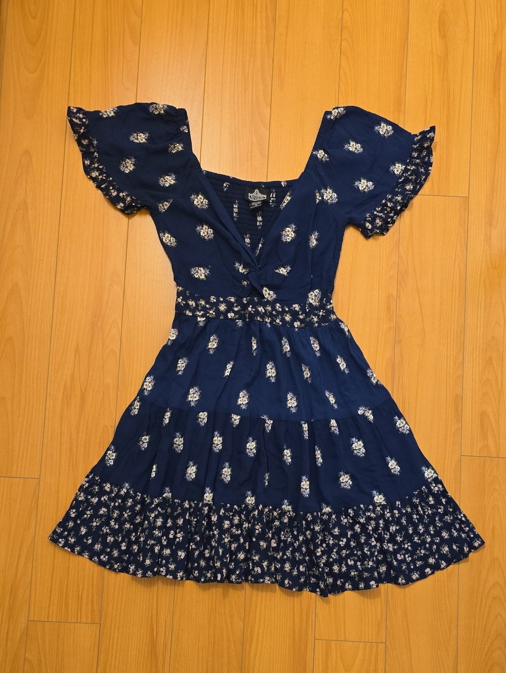 Angie Navy Blue Floral V-Neck Tiered Dress